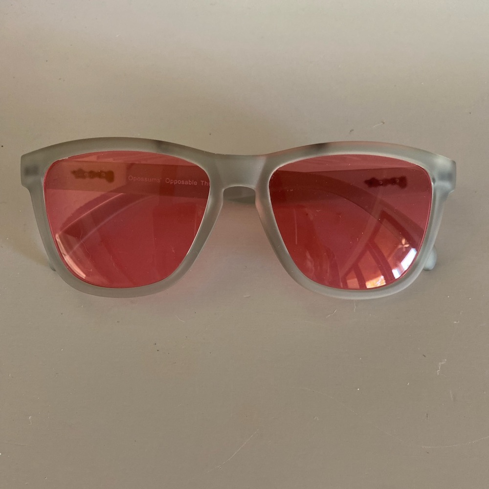 Goodr sunglasses, grey frame, pink lens